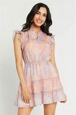BB Dakota Dreaming of Waves Pink Animal Print Tiered Flutter Mini Dress Size XS